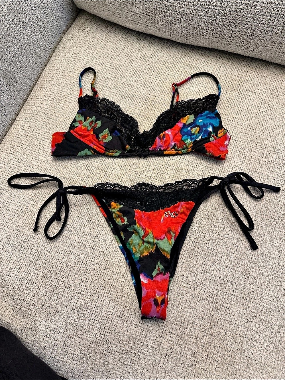 Rat & Boa Floral Bikini Set in Black & Multicolor Size Small